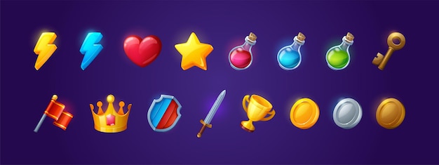 Iconos del juego con corazón, relámpago, monedas y estrella.