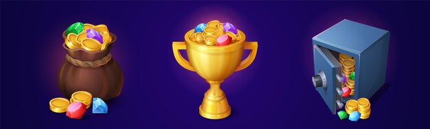 Los iconos del juego de dinero sacan la copa y la caja fuerte con monedas