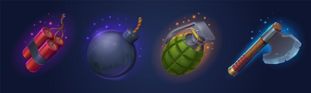 Iconos de juego de granada de dinamita bomba y hacha vieja