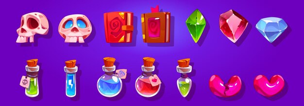 Iconos del juego con libros de magia, pociones, corazones, gemas y calaveras. Conjunto de dibujos animados vectoriales de activos de juegos móviles, símbolos de botellas con veneno, corazón roto y cristales.