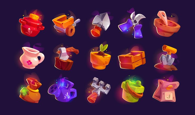 Vector gratuito iconos de juegos de jardinería y granja establecidos equipos vectoriales para el cultivo de cultivos agrícolas utensilios bolsas de semillas pala y tijeras de podar cubo y regadera caja de madera carretilla brotar en maceta