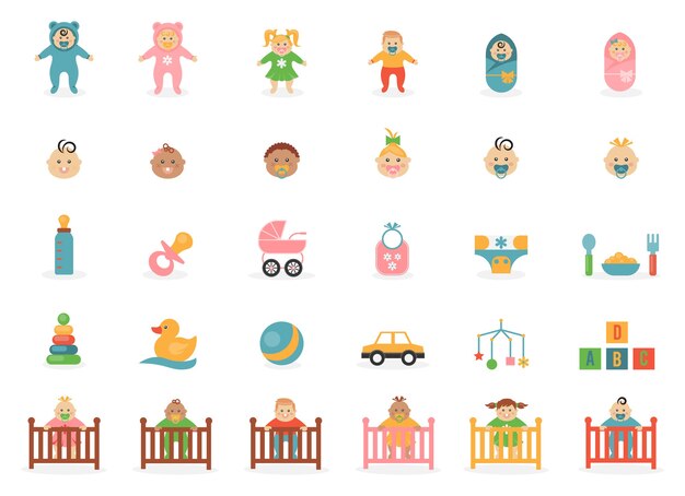 Iconos de juguetes para bebés sobre un tema de bebés y sus accesorios.