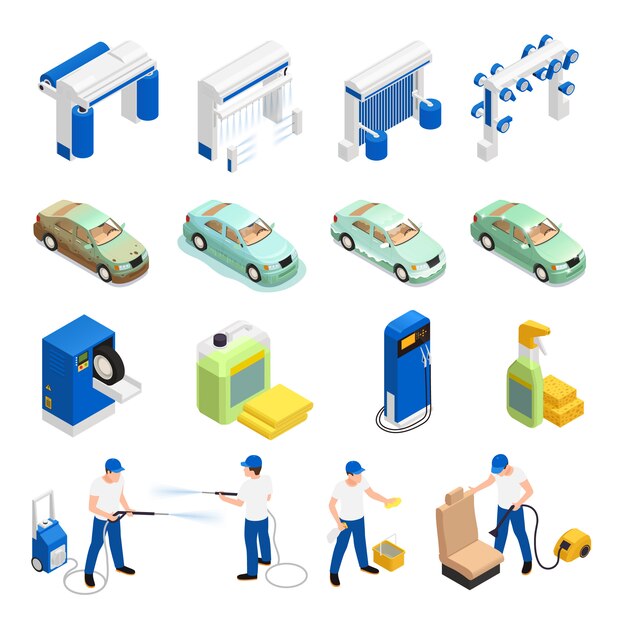 Iconos de lavado de autos con símbolos automáticos de lavado de autos aislados isométricos