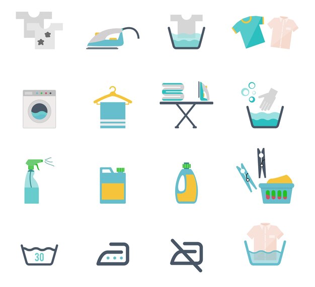 Iconos de lavado de colores y símbolos de lavandería en estilo plano