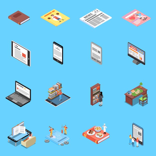 Iconos de lectura y biblioteca con símbolos de tecnología moderna isométrica aislado