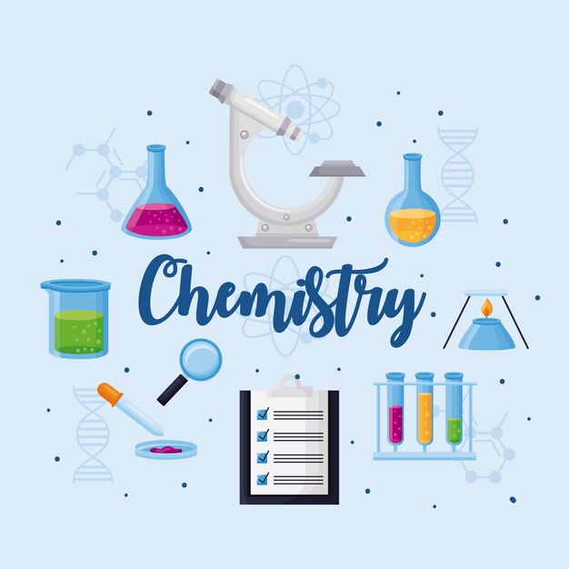 iconos de letras y equipos de química