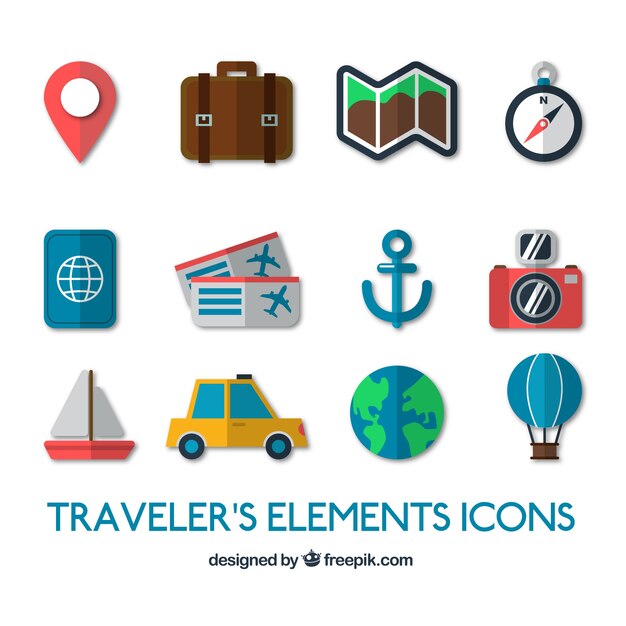 Iconos lindos de elementos de viajero