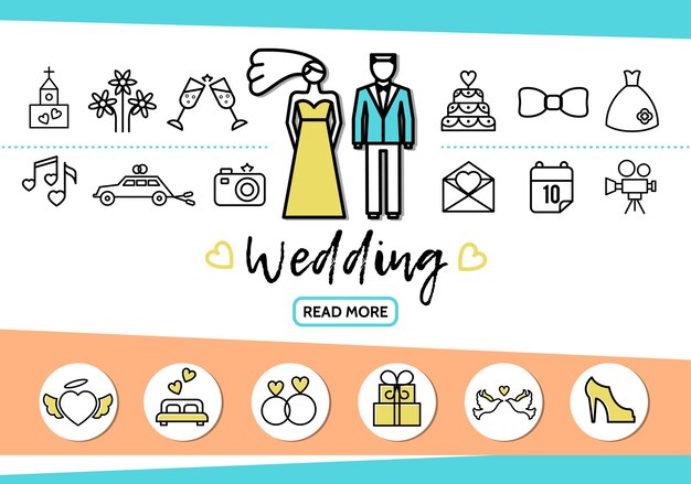 Iconos de línea de boda con par de fuegos artificiales de iglesia, gafas, vestido de pastel, cámara de coche, letra, fecha, cama