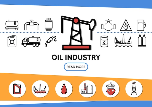 Los iconos de la línea de la industria petrolera se establecieron con la plataforma de perforación, la válvula de la tubería del petrolero, el dispensador de la pistola de combustible, el camión del bote