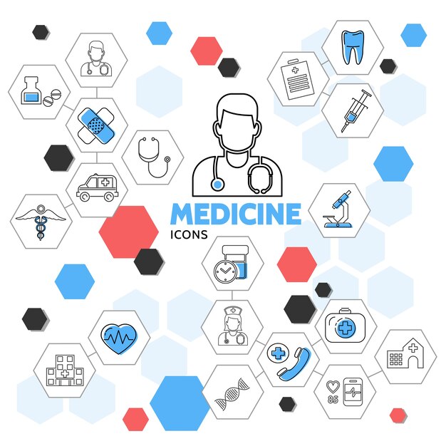 Iconos de línea de medicina en la colección de hexágonos con médico enfermera píldoras ambulancia coche diente equipo médico