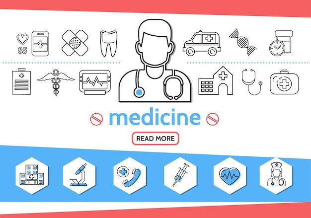 Vector gratuito iconos de línea de medicina con médico enfermera jeringa microscopio diente ambulancia coche adn píldoras caduceo