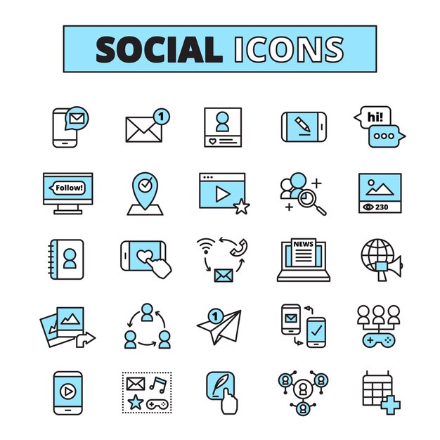 Los iconos de la línea de medios sociales establecidos para la comunicación por correo electrónico de la comunidad de internet y la red del grupo comparten aislados