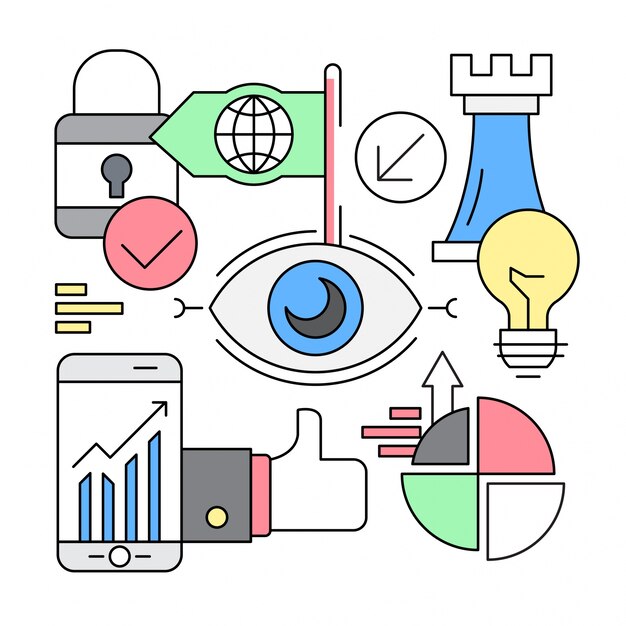 Iconos lineares de vision y startups
