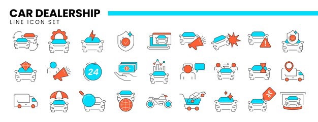 Iconos de líneas delgadas de concesionarios de automóviles Símbolos lineales de colores de la industria automotriz
