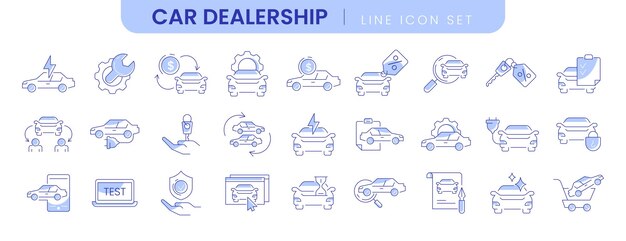 Iconos de líneas delgadas de concesionarios de automóviles Símbolos lineales de la industria automotriz