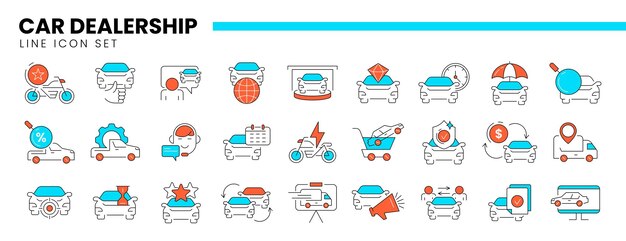 Iconos de líneas delgadas de concesionarios de automóviles Símbolos lineales de la industria automotriz