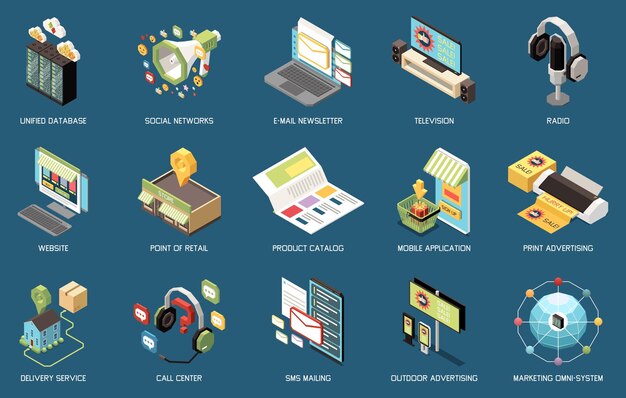 Iconos de marketing de canal Omni conjunto isométrico con elementos de solución de comercio global ilustración vectorial aislada