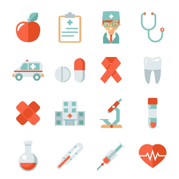 Iconos de medicina y salud. Hospital y médico, manzana y diente, matraz y yeso, latido del corazón y microscopio, ilustración vectorial