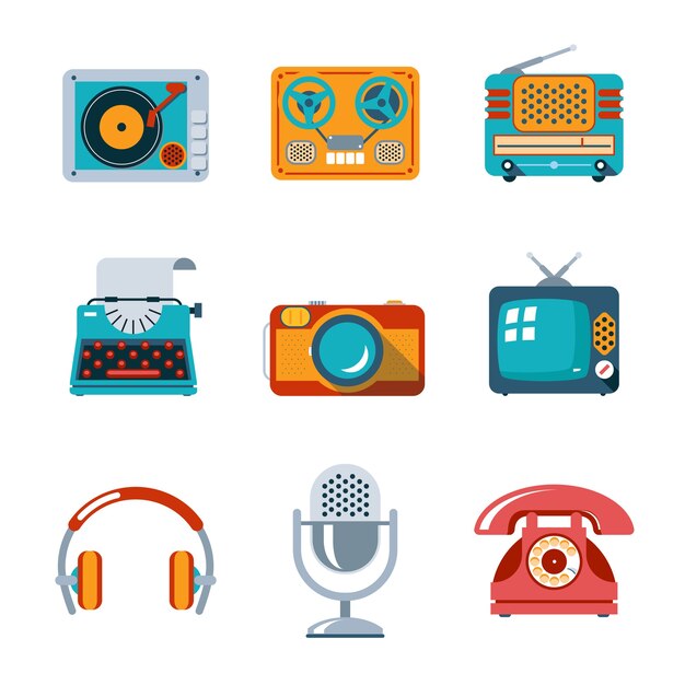 Iconos de medios retro en estilo plano. TV y micrófono, auriculares y máquina de escribir y radio