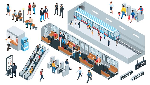 Iconos de metro isométricos con pasajeros subterráneos y trenes ilustraciones vectoriales aisladas