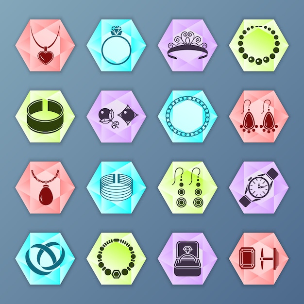 Vector gratuito iconos de moda accesorios de joyería hexagonal conjunto aislado