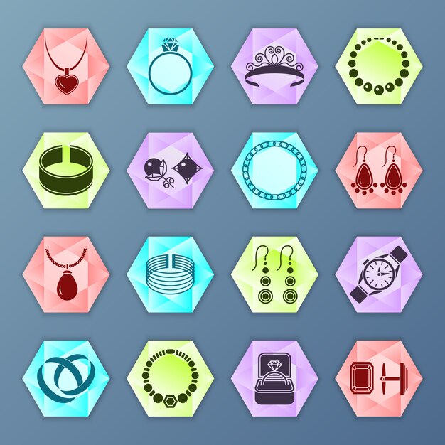 Iconos de moda accesorios de joyería hexagonal conjunto aislado