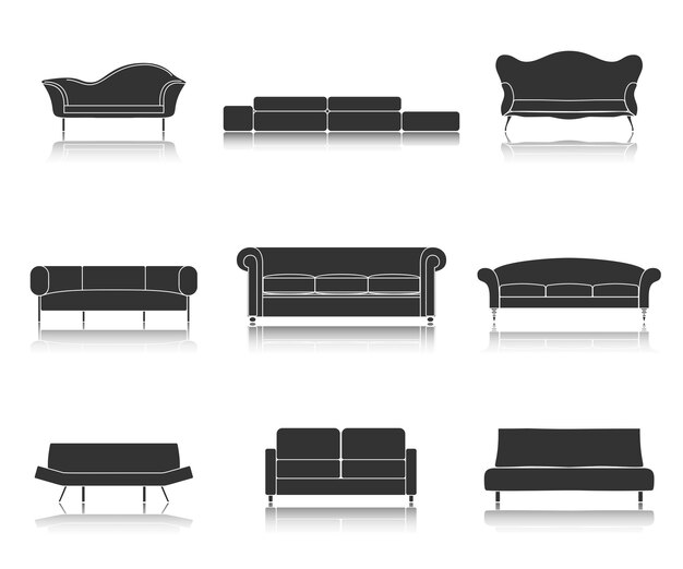 Iconos de muebles de sofás y sofás negros de lujo moderno para ilustración de vector de sala de estar
