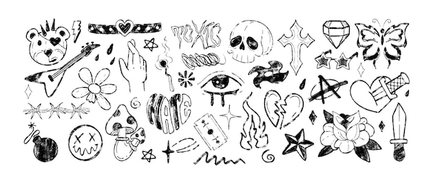 Iconos de música punk rock dibujados a mano con lápiz de tiza o tiza negra y pegatinas de tatuaje y2k