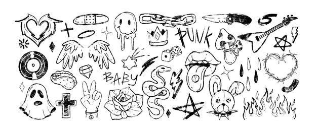 Iconos de música de rock n roll dibujados a mano con lápiz de tiza o tiza de tiza y pegatinas de tatuaje y2k