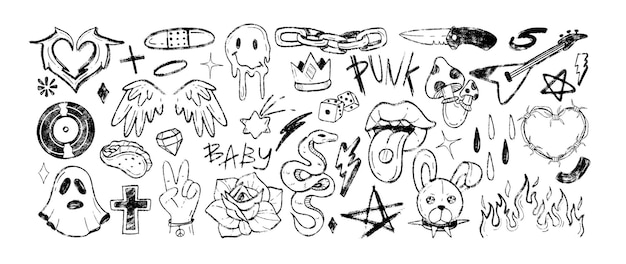 Iconos de música de rock n roll dibujados a mano con lápiz de tiza o tiza de tiza y pegatinas de tatuaje y2k