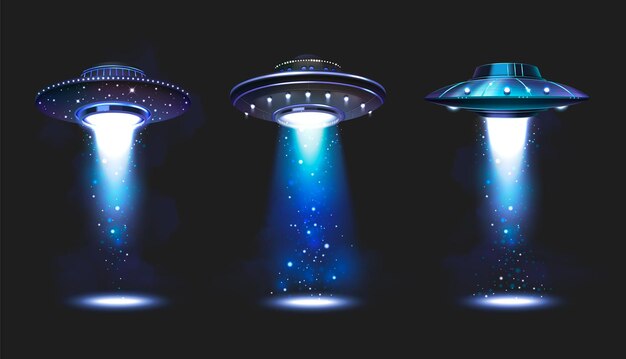 Iconos de naves espaciales OVNI con platillos voladores que proyectan rayos azules ilustraciones vectoriales aisladas