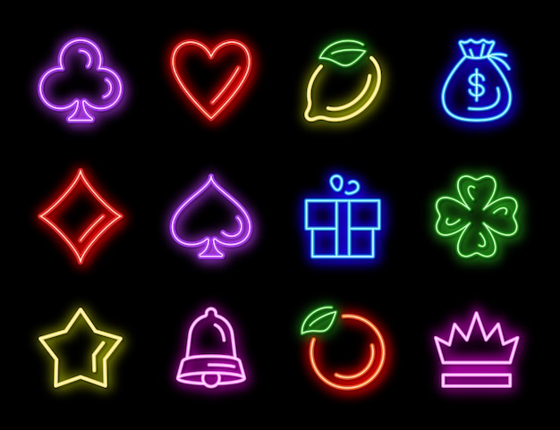 Iconos de neón de máquinas tragamonedas para juegos de casino