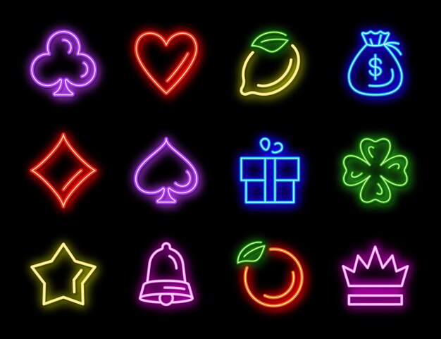 Iconos de neón de máquinas tragamonedas para juegos de casino