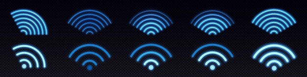 Iconos de neón de señal wifi Símbolo de círculo de onda de sonido inalámbrica internet o radio Signo abstracto de conjunto de vectores de tecnología sónica digital aislado en fondo transparente