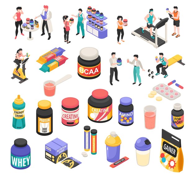 Iconos de nutrición deportiva establecidos con personas isométrica ilustración vectorial aislada