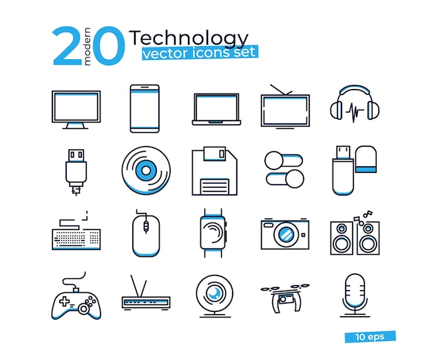Iconos de objetos de tecnología establecidos para la tienda de diseño en línea.