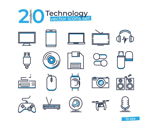 Iconos de objetos de tecnología establecidos para la tienda de diseño en línea.