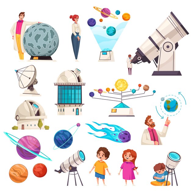 Iconos de observatorio con símbolos de planetario ilustración de vector plano aislado