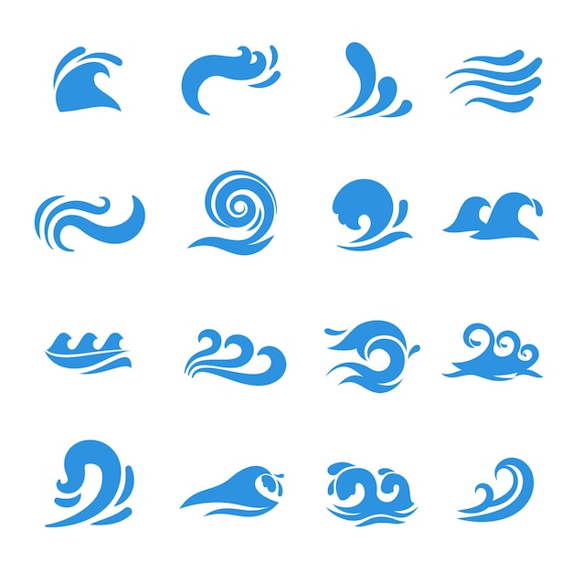 Iconos de onda. Elemento de mar de agua, curva de líquido oceánico, tormenta de remolino que fluye, ilustración vectorial