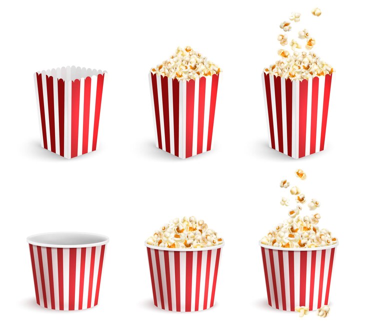 Vector gratuito iconos de palomitas de maíz realistas con paquetes de cartón llenos y vacíos y cubos ilustraciones vectoriales aisladas