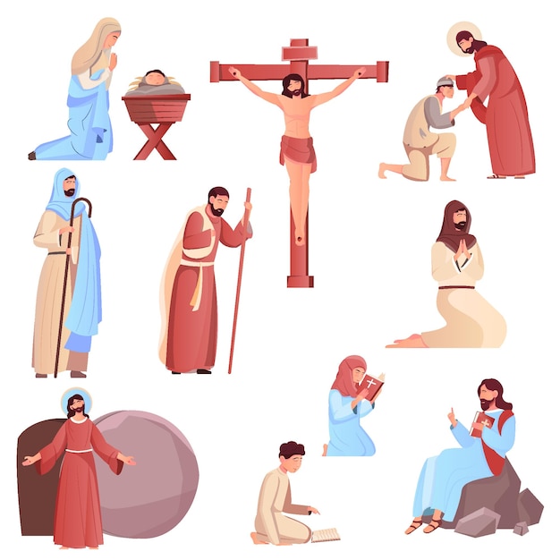 Iconos de pascua de diseño plano con jesucristo y personajes humanos aislados en la ilustración de vector de fondo blanco