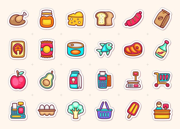 Iconos de pegatinas de comestibles Vector de coloreo de dibujos dibujados