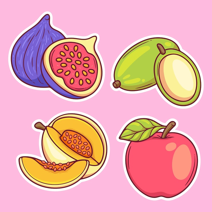 Vector gratuito iconos de pegatinas de frutas vector para colorear dibujado a mano