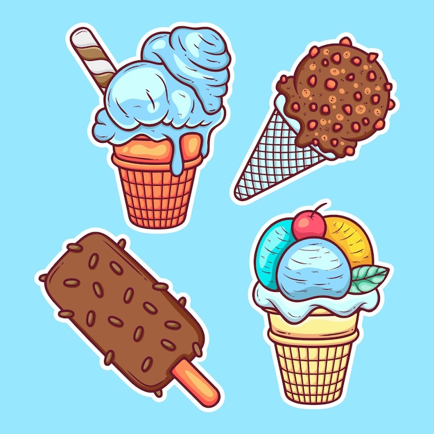 Iconos de pegatinas de helados y paletas dibujadas a mano para colorear Vector