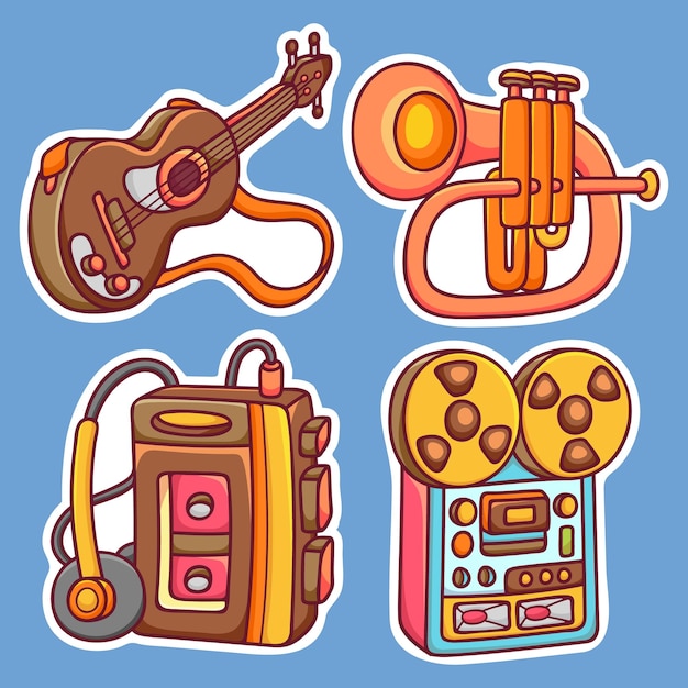 Vector gratuito iconos de pegatinas de instrumentos musicales vector para colorear dibujado a mano