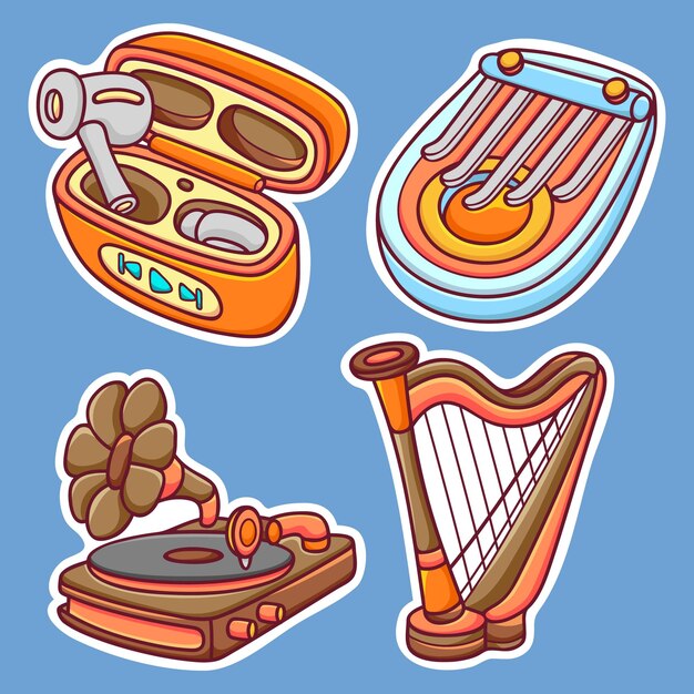 Iconos de pegatinas de instrumentos musicales Vector para colorear dibujado a mano