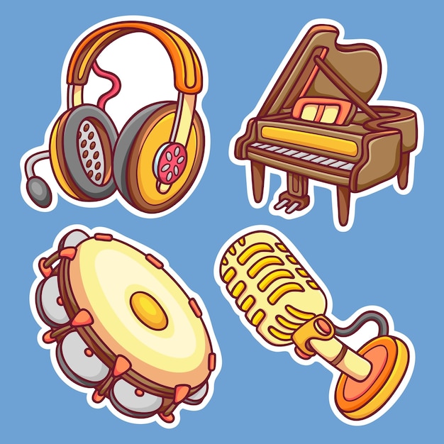 Iconos de pegatinas de instrumentos musicales vector para colorear dibujado a mano