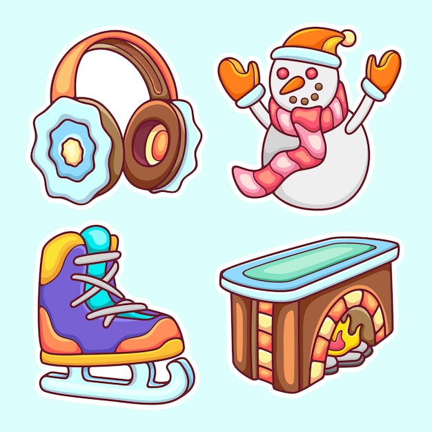 Iconos de pegatinas de invierno dibujados a mano para colorear vector