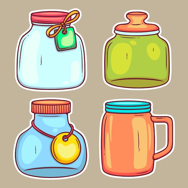 Iconos de pegatinas de tarros dibujados a mano para colorear vector