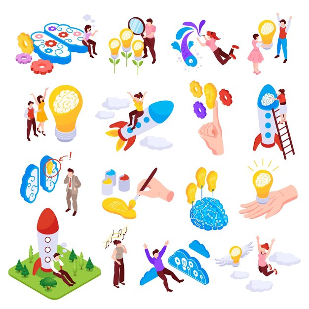 Iconos de pensamiento creativo establecidos con símbolos de avance isométrico ilustración vectorial aislada